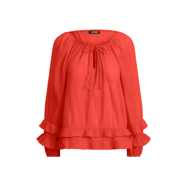 Bright Hibiscus Ruffle-Trim Crinkle Cotton Top Lauren 2