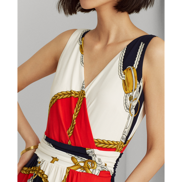 Navy/Bright Hibiscus Nautical-Print Jersey Sleeveless Dress Lauren 6