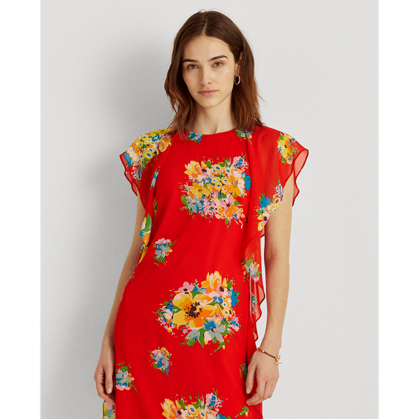Hibiscus/Yellow/Multi Floral Ruffled Georgette Shift Dress Lauren 3