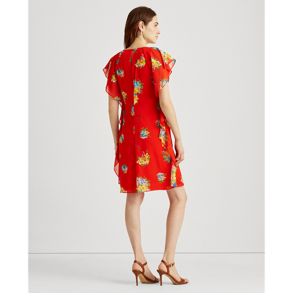 Hibiscus/Yellow/Multi Floral Ruffled Georgette Shift Dress Lauren 4