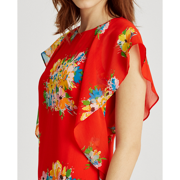 Hibiscus/Yellow/Multi Floral Ruffled Georgette Shift Dress Lauren 5