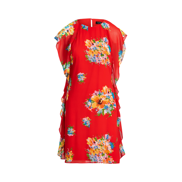 Hibiscus/Yellow/Multi Floral Ruffled Georgette Shift Dress Lauren 2