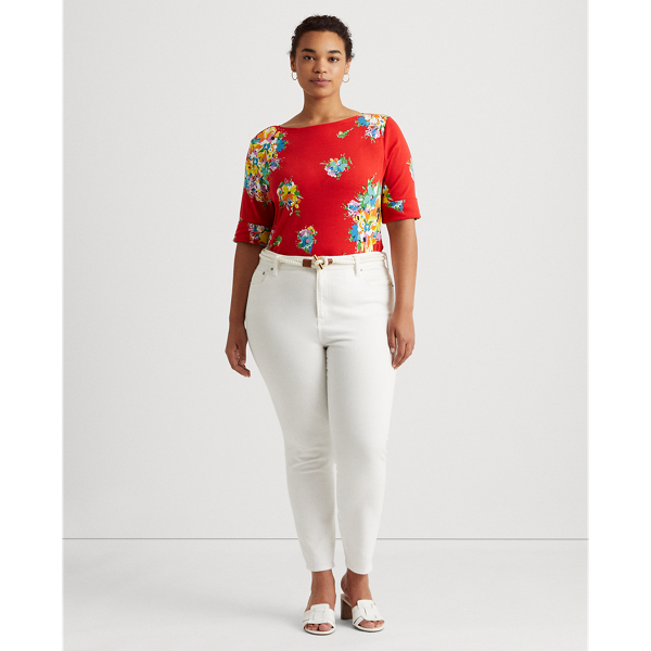 Bright Hibiscus Multi Floral Stretch Cotton Boatneck Top Lauren Woman 4
