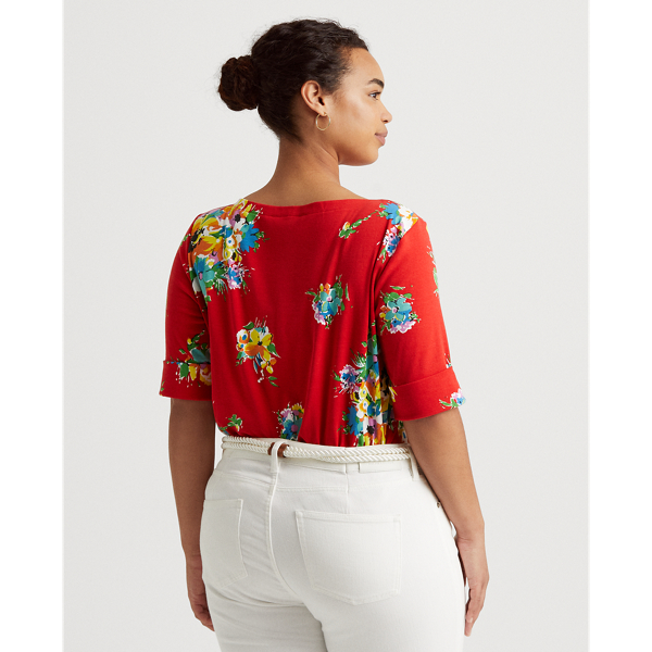 Bright Hibiscus Multi Floral Stretch Cotton Boatneck Top Lauren Woman 5