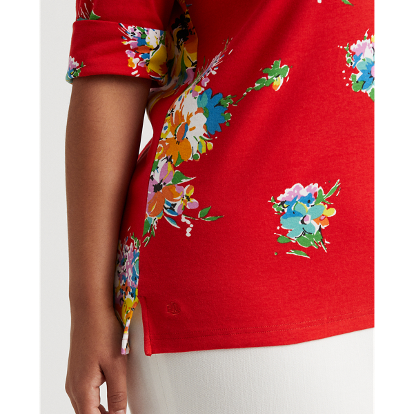 Bright Hibiscus Multi Floral Stretch Cotton Boatneck Top Lauren Woman 6