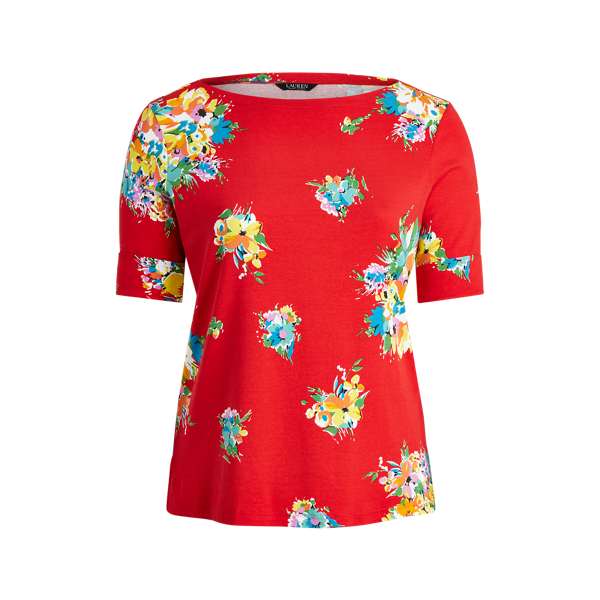 Bright Hibiscus Multi Floral Stretch Cotton Boatneck Top Lauren Woman 2