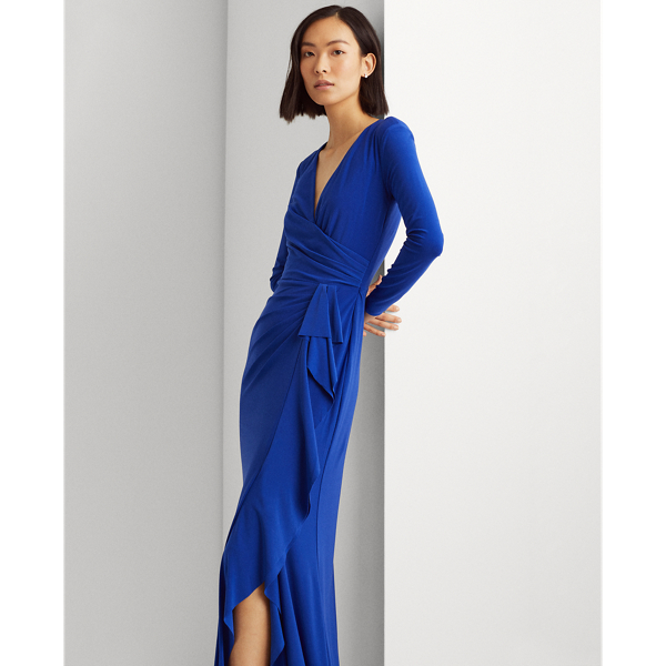 Ruffle-Trim Jersey Gown Lauren em Sapphire Star 4