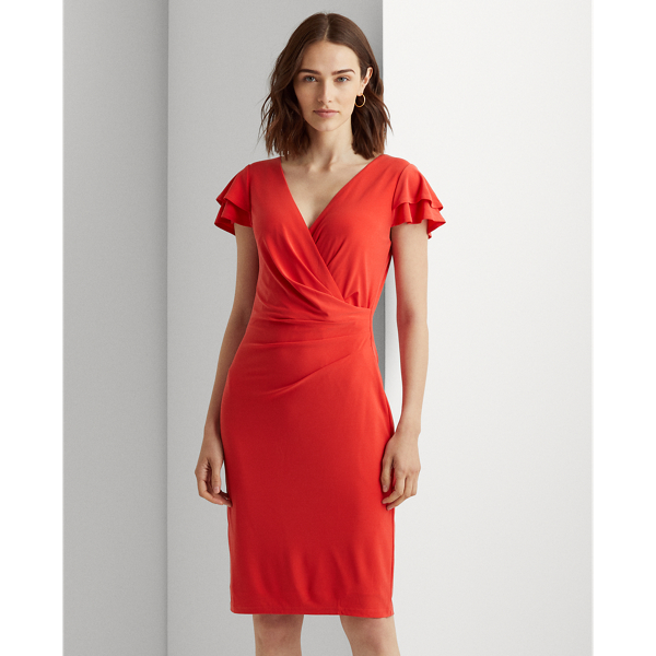 Bright Hibiscus Flutter-Sleeve Surplice Dress Lauren 3