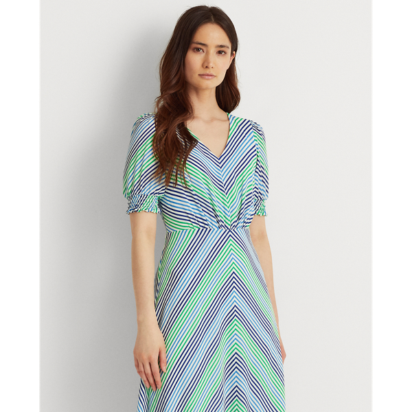 Colonial Cream/Blue/Multi Striped Bubble-Sleeve Crepe Dress Lauren 3
