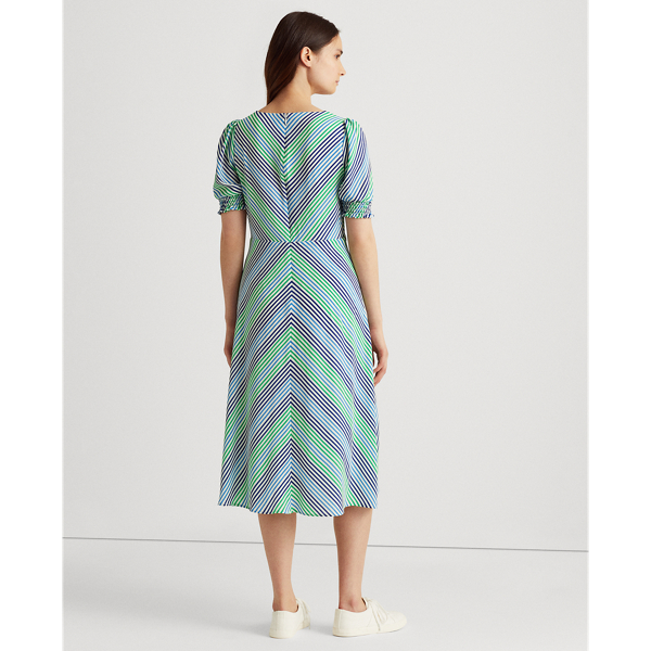 Colonial Cream/Blue/Multi Striped Bubble-Sleeve Crepe Dress Lauren 4