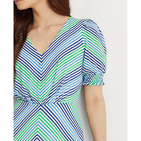 Colonial Cream/Blue/Multi Striped Bubble-Sleeve Crepe Dress Lauren 5