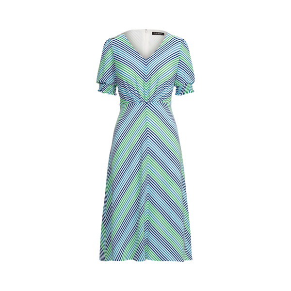 Colonial Cream/Blue/Multi Striped Bubble-Sleeve Crepe Dress Lauren 2