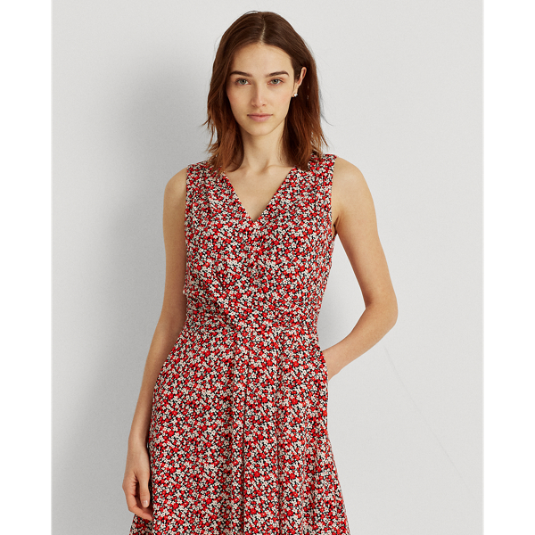 Vestido floral de crep&eacute; sin mangas Lauren en Azul marino/rojo/crema 4