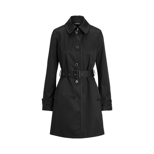Faux Leather-Trim Trench Coat