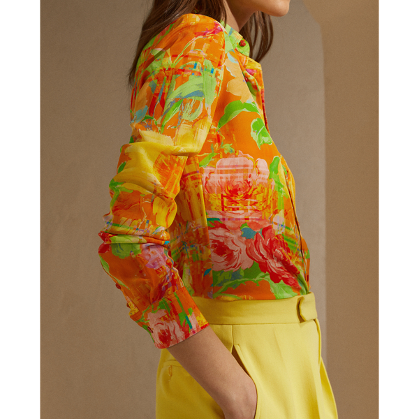 Orange Multi Hailey Floral Silk Shirt Ralph Lauren Collection 6