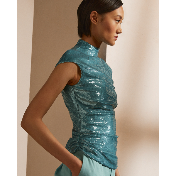 Dark Teal Robynn Embellished Stretch Tulle Blouse Ralph Lauren Collection 6