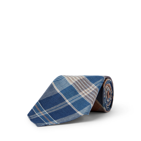 Brown/Blue Handmade Plaid Woven Tie RRL 2