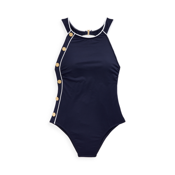 Button-Trim High-Neck One-Piece