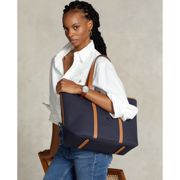 Canvas Medium Tote Bag Polo Ralph Lauren em Navy/Cuoio 6