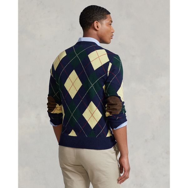 Hunter Navy Multi Suede-Patch Argyle Wool Sweater Polo Ralph Lauren 5