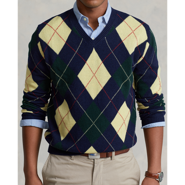 Hunter Navy Multi Suede-Patch Argyle Wool Sweater Polo Ralph Lauren 6