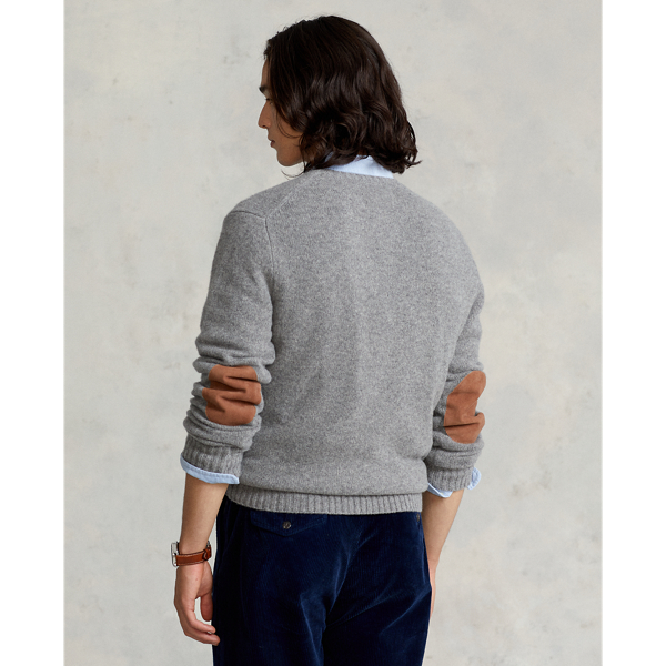 Fawn Grey Heather Suede-Patch Wool-Cashmere Sweater Polo Ralph Lauren 5