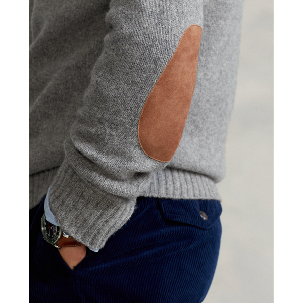 Fawn Grey Heather Suede-Patch Wool-Cashmere Sweater Polo Ralph Lauren 6