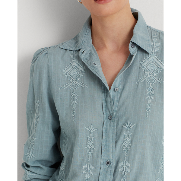 Arona Embroidered Checked Cotton Dobby Shirt Lauren Petite 6
