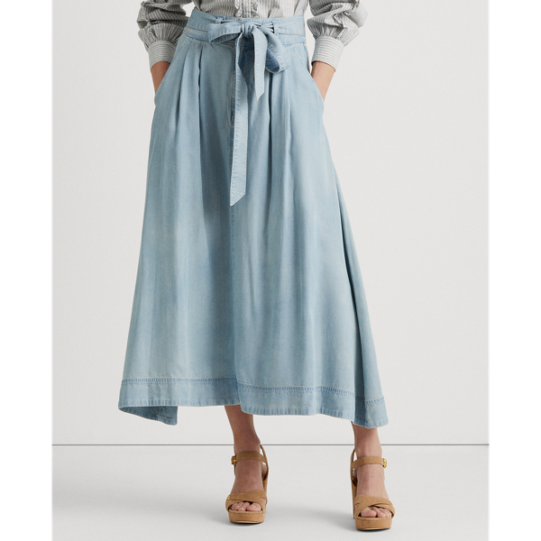 Indigo Mist Wash Belted A-Line Midi Skirt Lauren Petite 4