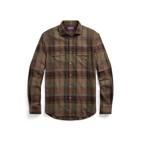 Suede-Trim Plaid Flannel Shirt Purple Label 1