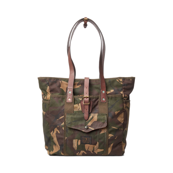 Cabas en toile camouflage bord&eacute; de cuir