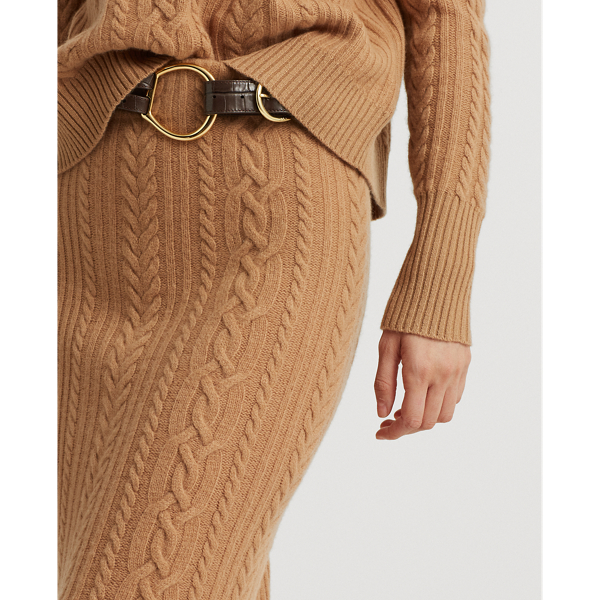 Classic Camel Cable-Knit Wool-Cashmere Pencil Skirt Lauren 6