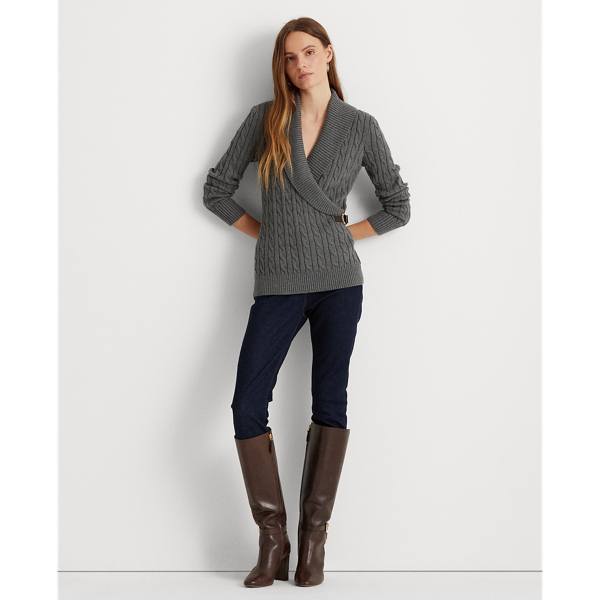 Lexington Grey Heather Cable-Knit Buckle-Trim Sweater Lauren 4