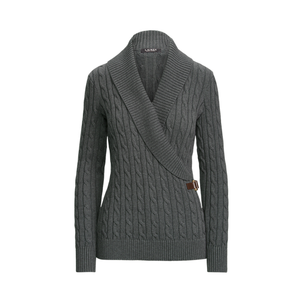 Lexington Grey Heather Cable-Knit Buckle-Trim Sweater Lauren 2