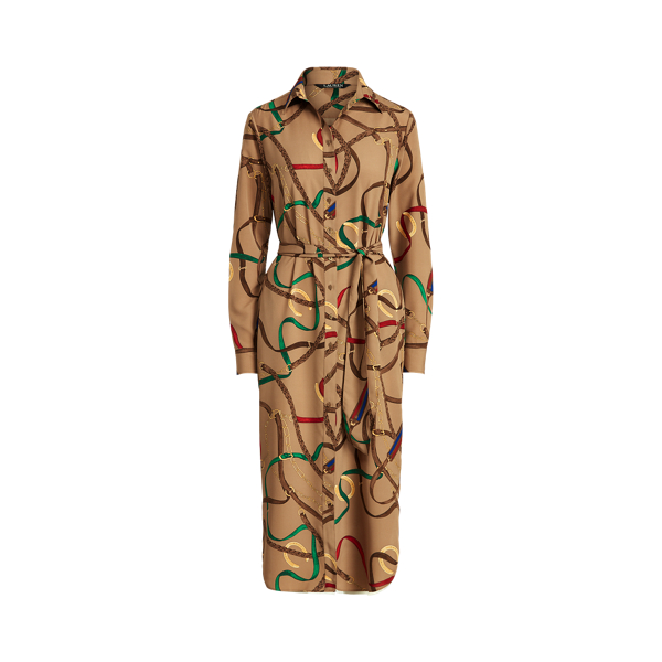 Belting-Print Crepe Shirtdress