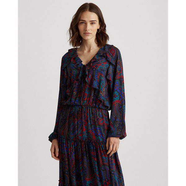 Lauren Navy Multi Paisley Georgette Long-Sleeve Dress Lauren Petite 4
