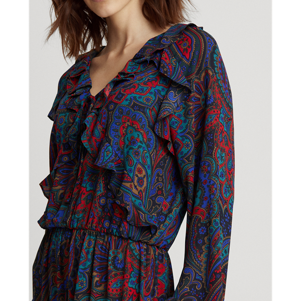 Lauren Navy Multi Paisley Georgette Long-Sleeve Dress Lauren Petite 6