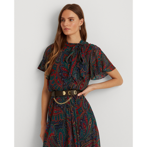 Lighthouse Navy/Red/Multi Paisley Georgette Tie-Neck Dress Lauren 4