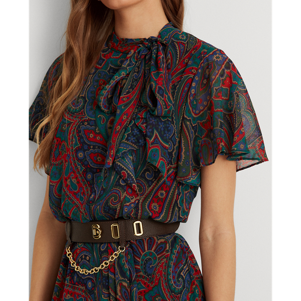 Lighthouse Navy/Red/Multi Paisley Georgette Tie-Neck Dress Lauren 6