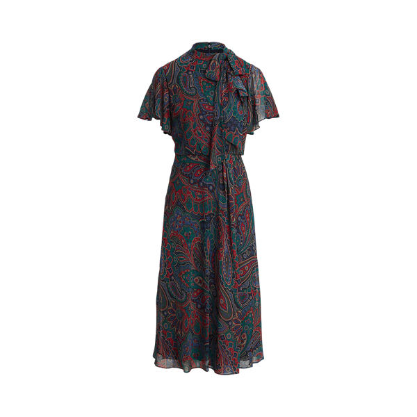 Lighthouse Navy/Red/Multi Paisley Georgette Tie-Neck Dress Lauren 2
