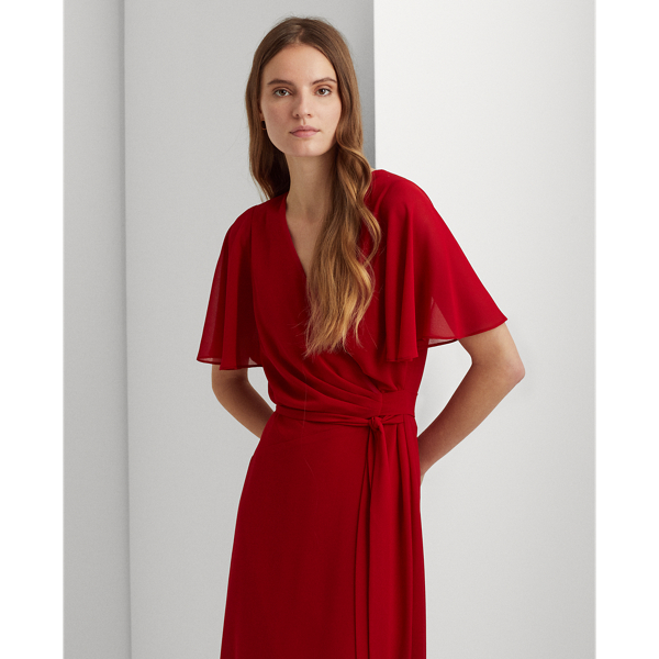 Georgette Flutter-Sleeve Dress Lauren em Lakehouse Red 4