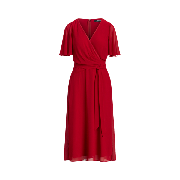 Georgette Flutter-Sleeve Dress Lauren em Lakehouse Red 2