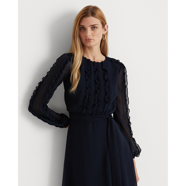 Lighthouse Navy Chiffon Long-Sleeve Cocktail Dress Lauren 4