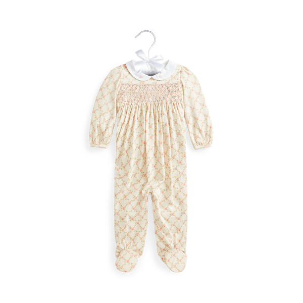 Smocked Footed Cotton Coverall Baby Girl 1