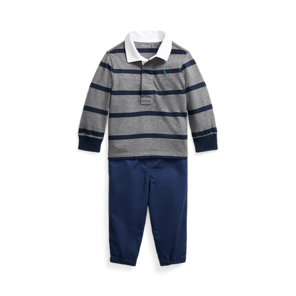 Set gestreept rugbyshirt en broek van keperstof Baby Boy in 1