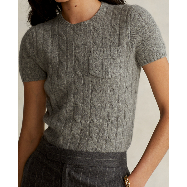 Fawn Grey Heather Cashmere Short-Sleeve Jumper Polo Ralph Lauren 6