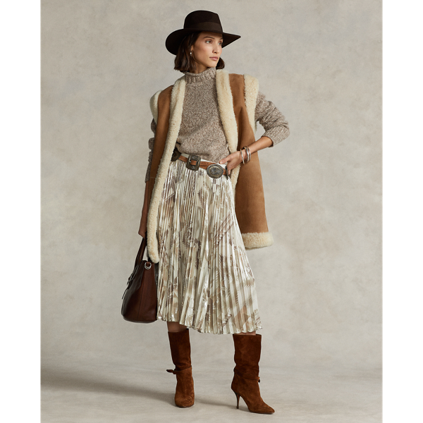 Metallic cr&ecirc;pe geplooide midirok Polo Ralph Lauren in 1141 cr&egrave;me multipatroon 7