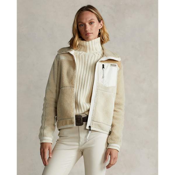 Patchwork Leather Trim Fleece Zip Jacket