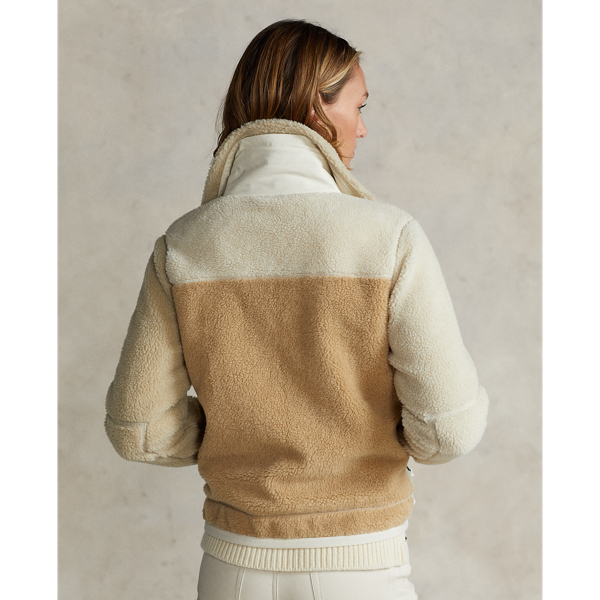 Tan Multi Patchwork Leather-Trim Fleece Zip Jacket Polo Ralph Lauren 5