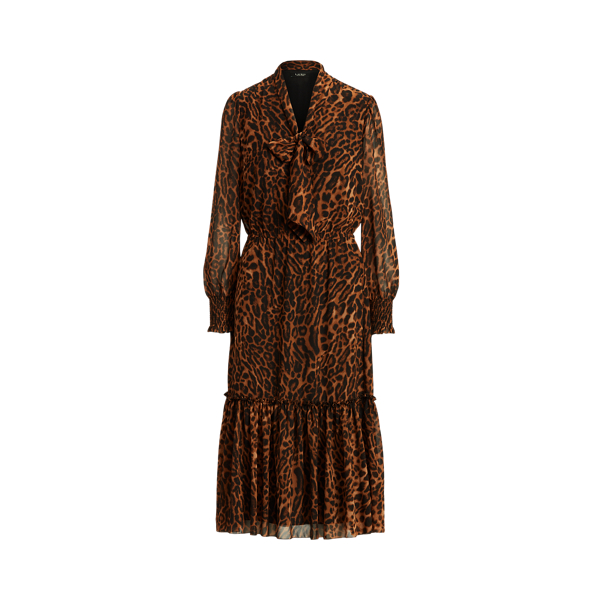 Ocelot-Print Georgette Tie-Neck Dress Lauren 1